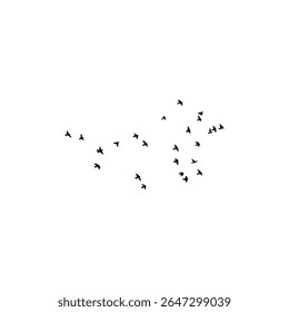 Silhouette set of birds flying in various poses and formations, isolated on white background. Ideal for nature themes, freedom concepts, tattoos, logos, wall art, and decorative design projects.