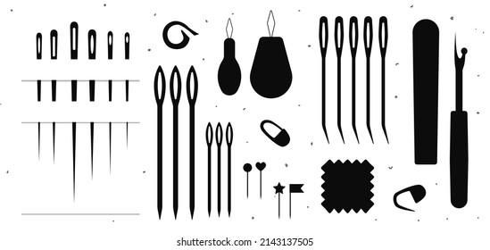 Silhouette set of black icons: various needles, different markers for yarn (knitting or crocheting), ripper with cap, needle threader, tissue. Vector flat illustration. Isolated on white background 