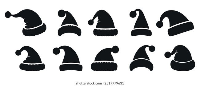 Silhouette set of black santa hats. New Year black hat