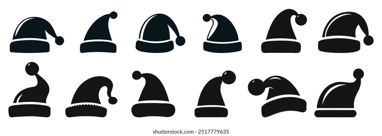 Silhouette set of black santa hats. New Year black hat