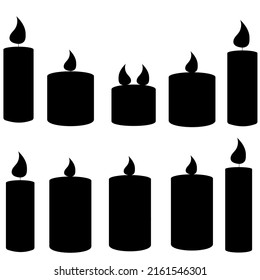 Silhouette of a set of candles. Burning cute wax and paraffin scented candles. Candles decor for home and comfort, holiday decor. Vector illustration eps 10, flat cute candles