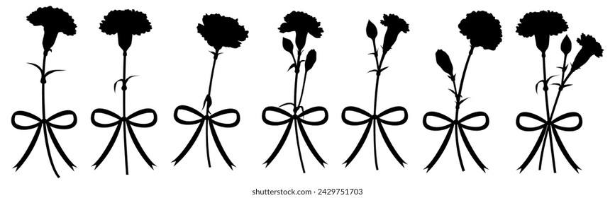 Silhouette set of carnations and ribbons in a circle, variation material, icon, vector