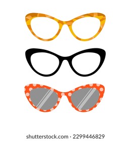 Silhouette set of cat eye glasses, eye glasses and sunglasses in flat vector.