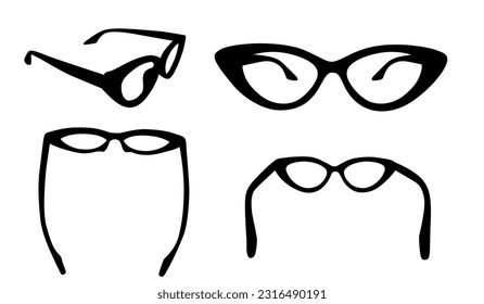 Silhouette set of cat eye glasses, eye glasses in flat vector.