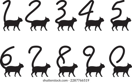 Silhouette set of a cat with a numbered tail