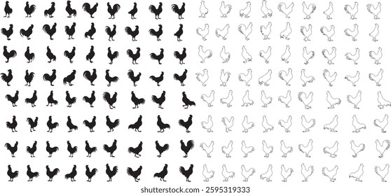 Silhouette set of chicken and rooster icon vector art illustration with white background