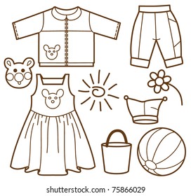 The silhouette set for children: dress, jacket, sun, cap, ball, trousers, flower, toy, bucket