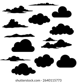 Silhouette set of cloud icons in diverse forms, from fluffy to flat styles. Ideal for weather graphics, UI design, and sky-themed projects. Bold, clean, and easy to use in any layout.


