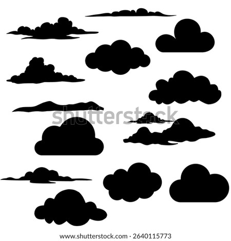 Silhouette set of cloud icons in diverse forms, from fluffy to flat styles. Ideal for weather graphics, UI design, and sky-themed projects. Bold, clean, and easy to use in any layout.

