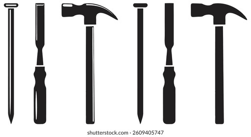 Silhouette Set of Construction Tools. hammer, chisel, nail. Isolated On Transparent Background.