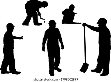 Silhouette of a set of construction workers wearing hard hats. Vector illustration.