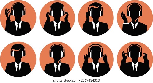 Silhouette set of Customer support service icons collection. Technical support, call center, hotline, operator, staff, and agent communication symbol. Vector Illustration
