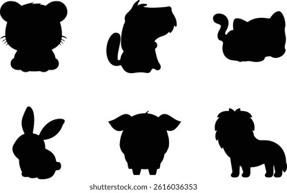 Silhouette Set of Cute Cartoon Animals. Vector Collection for Kids and Crafts