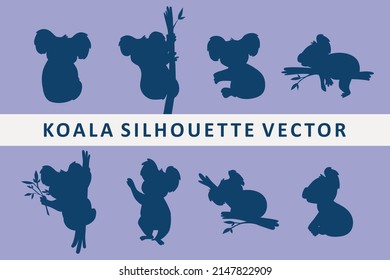 silhouette set of cute grey koala bear in different poses eating sleeping leaves cartoon animal design flat vector illustration isolated on white background