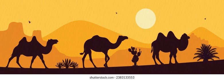 Silhouette set of Desert Camel with humps walking isolated on evening desert background
