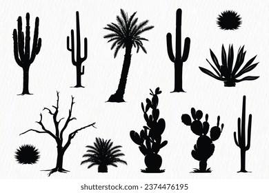 Silhouette set of Desert plants, desert trees, cactus, coconut tree, palm, Century plant,  Thompson yucca, prickly pear.