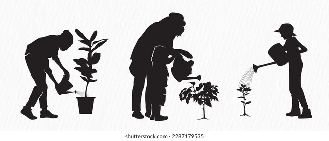 A silhouette set of different aged people watering plants.