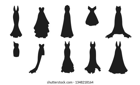 A silhouette set of different dresses. Modern and classic style. Dresses for prom, gala evening, wedding, masquerade, points. 