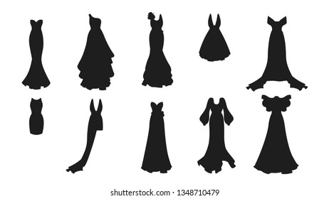 A silhouette set of different dresses. Modern and classic style. Dresses for prom, gala evening, wedding, masquerade, points. 