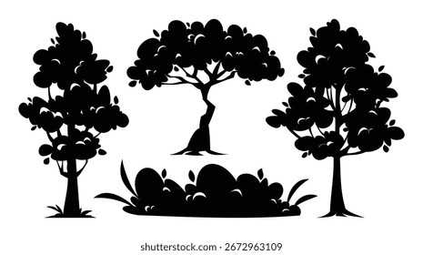 Silhouette set of different trees and bushes with a variety of textures and shapes on a white background. Vector cartoon illustration