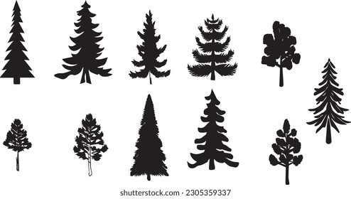 Silhouette of set different trees. Collection of coniferous evergreen forest trees, deciduous tree, bare trees. Vector illustration