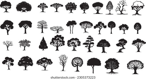 Silhouette of set different trees. Collection of coniferous evergreen forest trees, deciduous tree, bare trees. Vector illustration