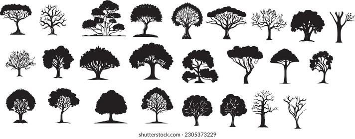Silhouette verschiedener Bäume. Sammlung von Nadelwäldern, Laubbaum, barsten Bäumen. Vektorgrafik