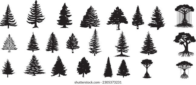 Silhouette of set different trees. Collection of coniferous evergreen forest trees, deciduous tree, bare trees. Vector illustration