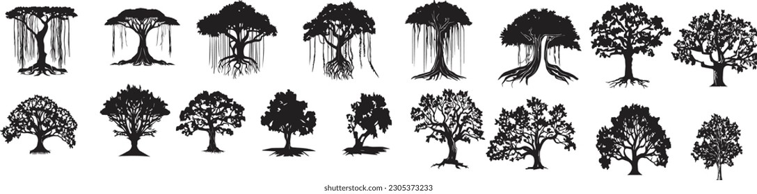 Silhouette of set different trees. Collection of coniferous evergreen forest trees, deciduous tree, bare trees. Vector illustration