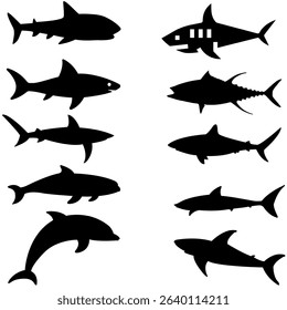 Silhouette set of diverse fish species, showcasing unique forms and fin details. Great for ocean-themed projects, educational materials, and aquatic design elements. Clean and versatile vector art.

