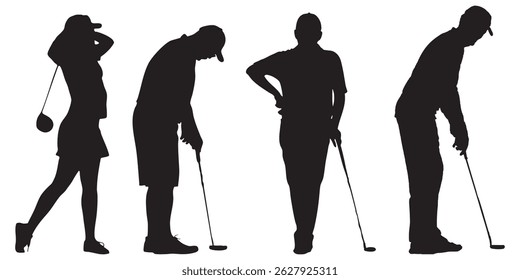 Silhouette set of Diverse Male and Female Golfers in Action Poses