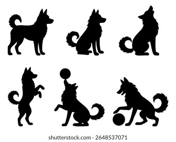 Silhouette set of dog with fluffy curled tail in playful poses. Vector silhouettes for pet-themed merchandise, branding, packaging, educational resources