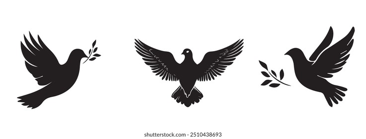 Silhouette set of doves carrying olive branches symbolizing peace on a white background.