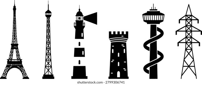 Silhouette set of Eiffel Tower, lighthouse, telecom mast, castle tower, observation tower and power pylon isolated on white background vector