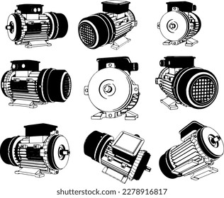 Silhouette Set of Electric Pumps in Different Poses, 3D Sketches of an Electric Motor in Multiple Perspectives, Electric Water Pump: Silhouette Set from Various Angles