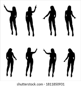 Silhouette set of elegant young  business woman pointing finger while using interactive touch screen in different poses. Layered vector illustration. 