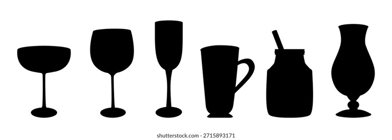 Conjunto de silueta de cristalería vacía: coupé de cóctel, copa de vino, flauta de champán, taza de café con leche, tarro de albañil con paja y vidrio huracán. Ilustración minimalista limpia de dibujos animados para menús de bebidas y diseños de bares.