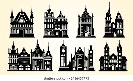 silhouette set of european buildings vector illustration.