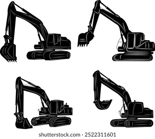 escavadora de conjunto de silhuetas, escavadeira, vetor