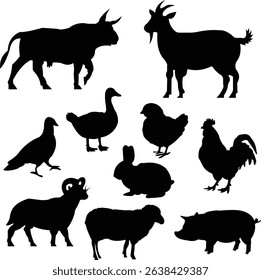 A silhouette set of farm animals including cow, goat, pig, chicken, sheep, rabbit, duck, and rooster.