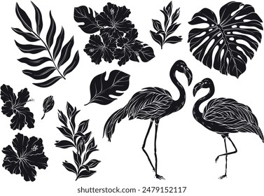 silhouette set with flamingo, black and white