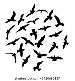 Silhouette set of flying seagulls birds on white background. Inspirational body flash tattoo ink of sea birds.  Hand drawn Vector.