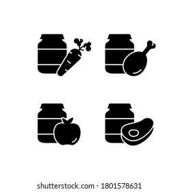 Silhouette set of food preservation. Glass jar with different types of baby food. Outline icon of fruit, vegetable, meat puree or mash. Flat isolated vector on white background. Canned or tinned goods