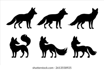 silhouette set of foxes, wild animal in various poses.
