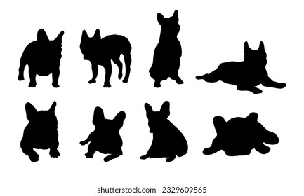 Silhouette set of French Bulldogs in standing, sitting, and laying down the action.