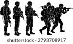Silhouette Set of Fully Equipped Special Forces Soldiers in Standing and Combat Action Poses.eps