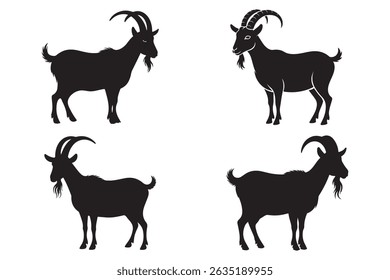 Silhouette Set of Goats with Horns - Black Animal Vector Illustration