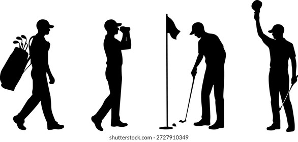 Silhouette-Set von Golfspieler-Action-Pose mit Club, Golfspieler-Positionen Schaukel, Putt und Ball, schwarze einzelne grafische Illustration auf weißem Hintergrund