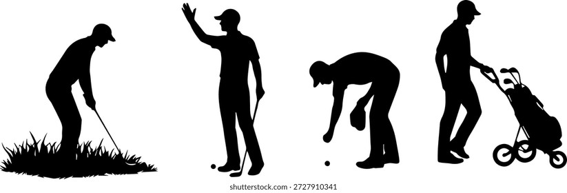 Conjunto de silueta de jugador de golf golfista pose de acción con club, posturas swing, putt y bola, ilustración gráfica aislada negra sobre fondo blanco