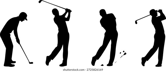 Conjunto de silhueta da pose de ação de golfista com clube, jogador de golfe posturas balanço, putt e bola, ilustração gráfica isolada preta sobre fundo branco